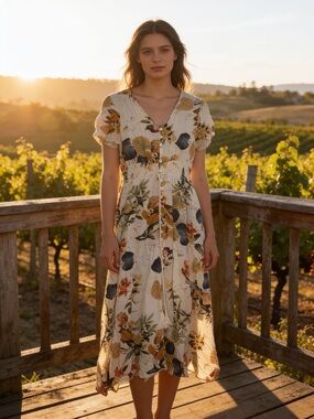 Smocked V-Neck Floral Midi Dress in Cream and Mustard
